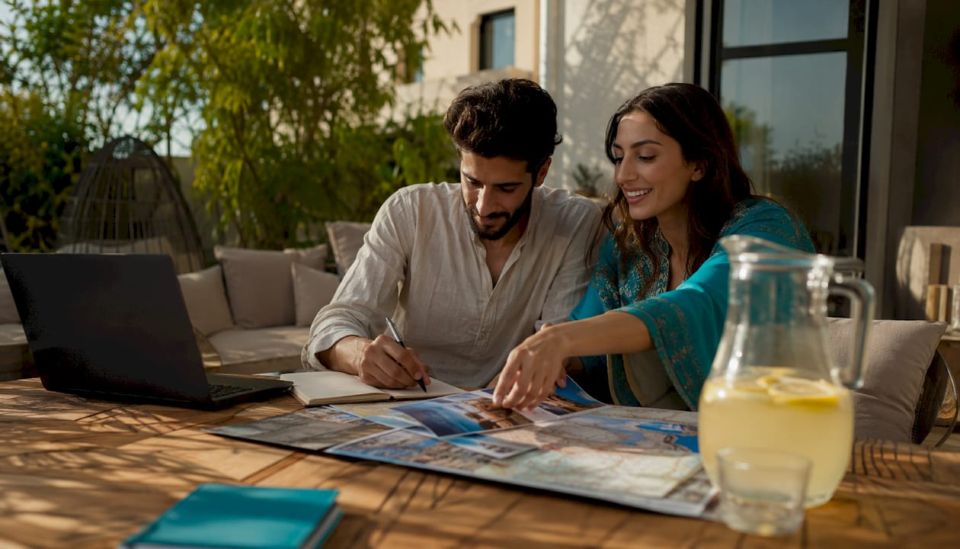 Couple planning luxury Egypt tour at home