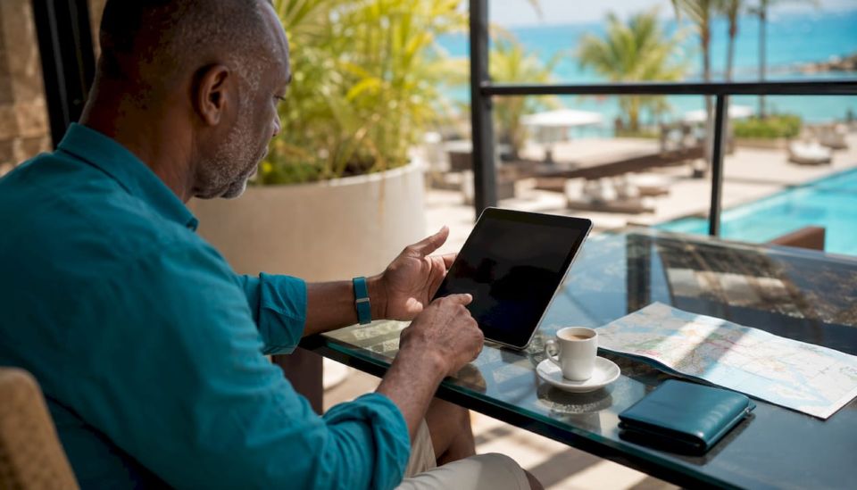 Hands browsing premium travel options on tablet at café table