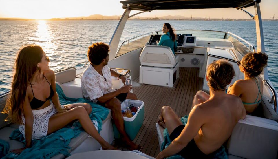 Tourists on boat leaving Hurghada marina at sunrise