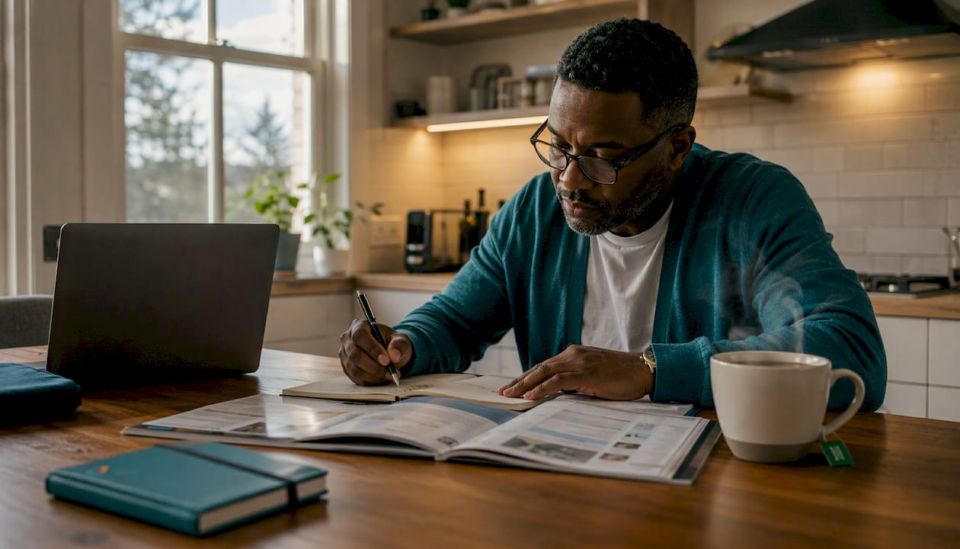 Man reviewing travel plans at home desk