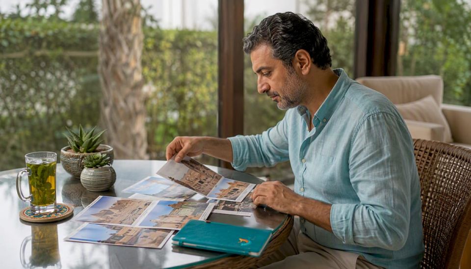 Man reviewing Egypt travel brochures at home office