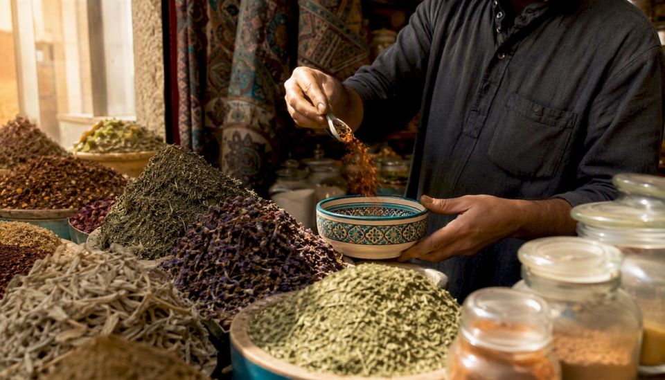 Egyptian spice market stall close-up with spices