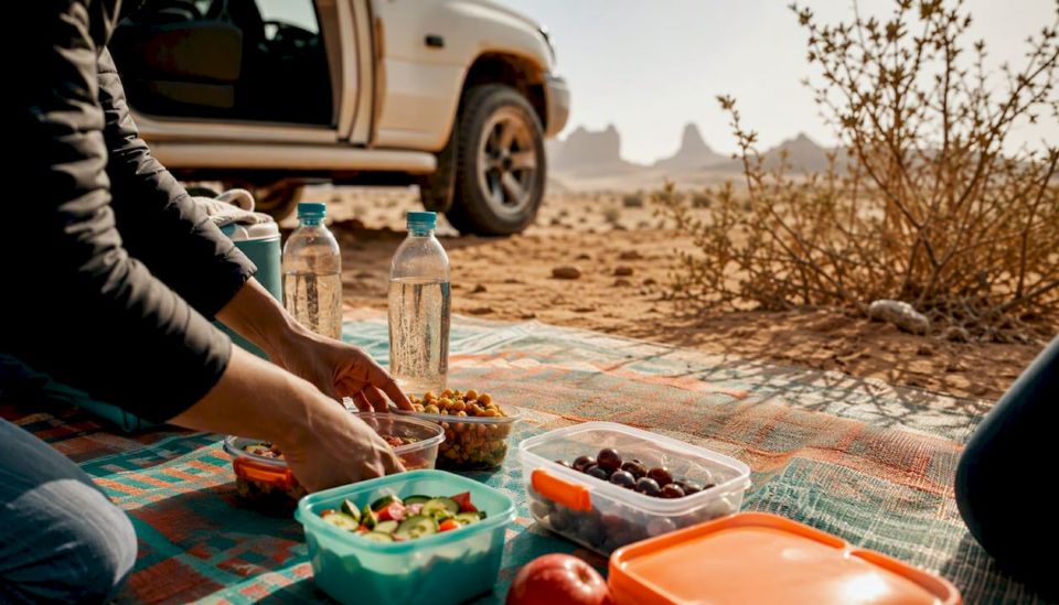 Lunch setup beside a 4x4 in the desert