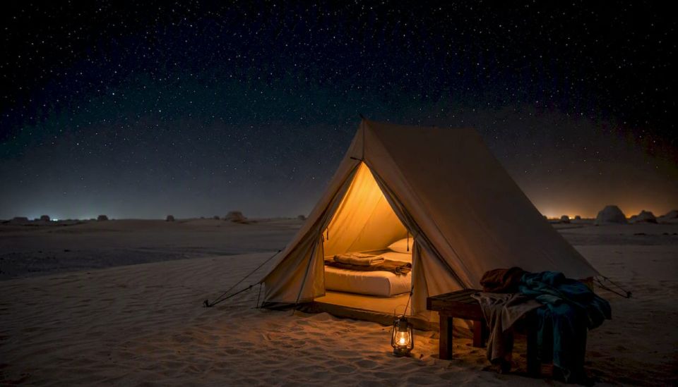 Desert camp tent interior with mattress and warm clothes