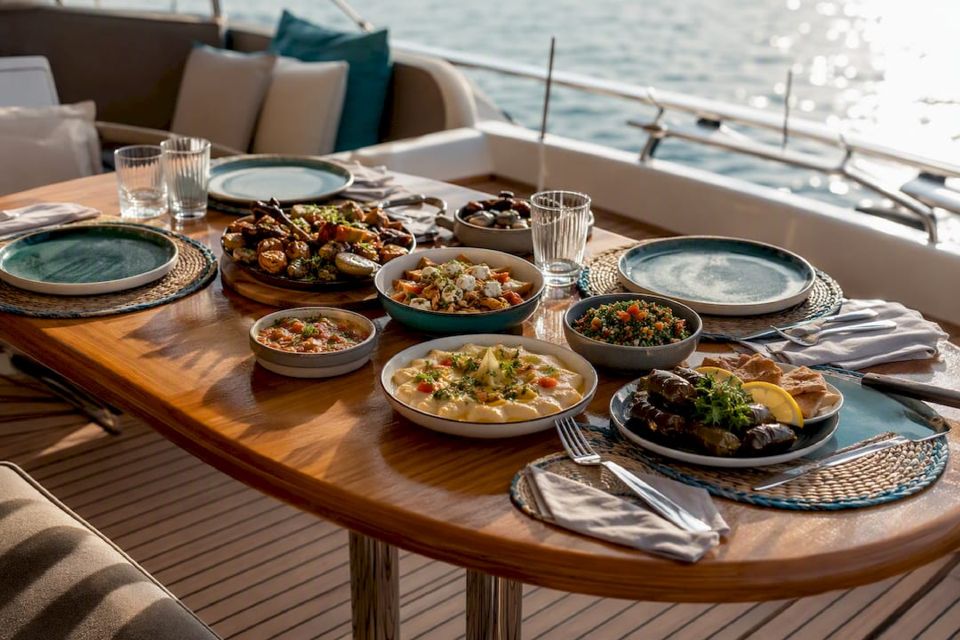 Lunch setup on private luxury yacht deck in Hurghada