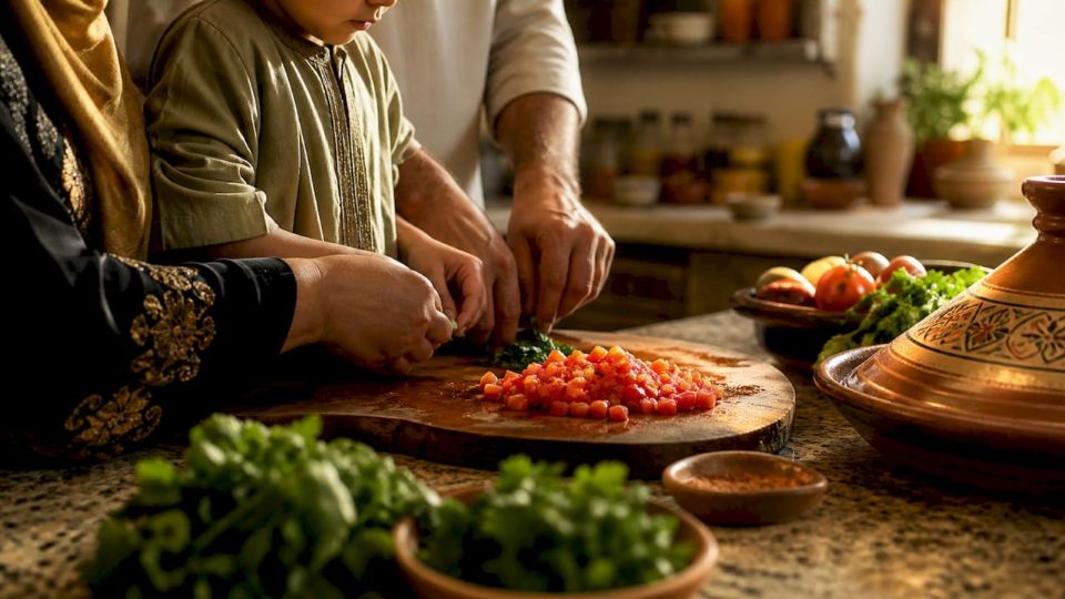 Hands preparing traditional Egyptian dishes in home kitchen