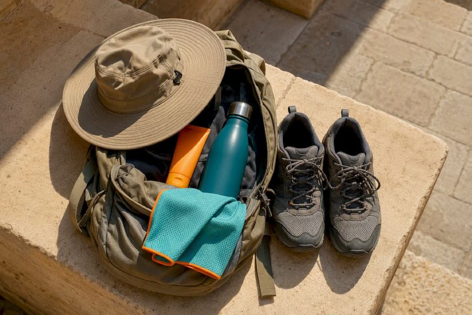 Temple tour essentials arranged beside sandstone